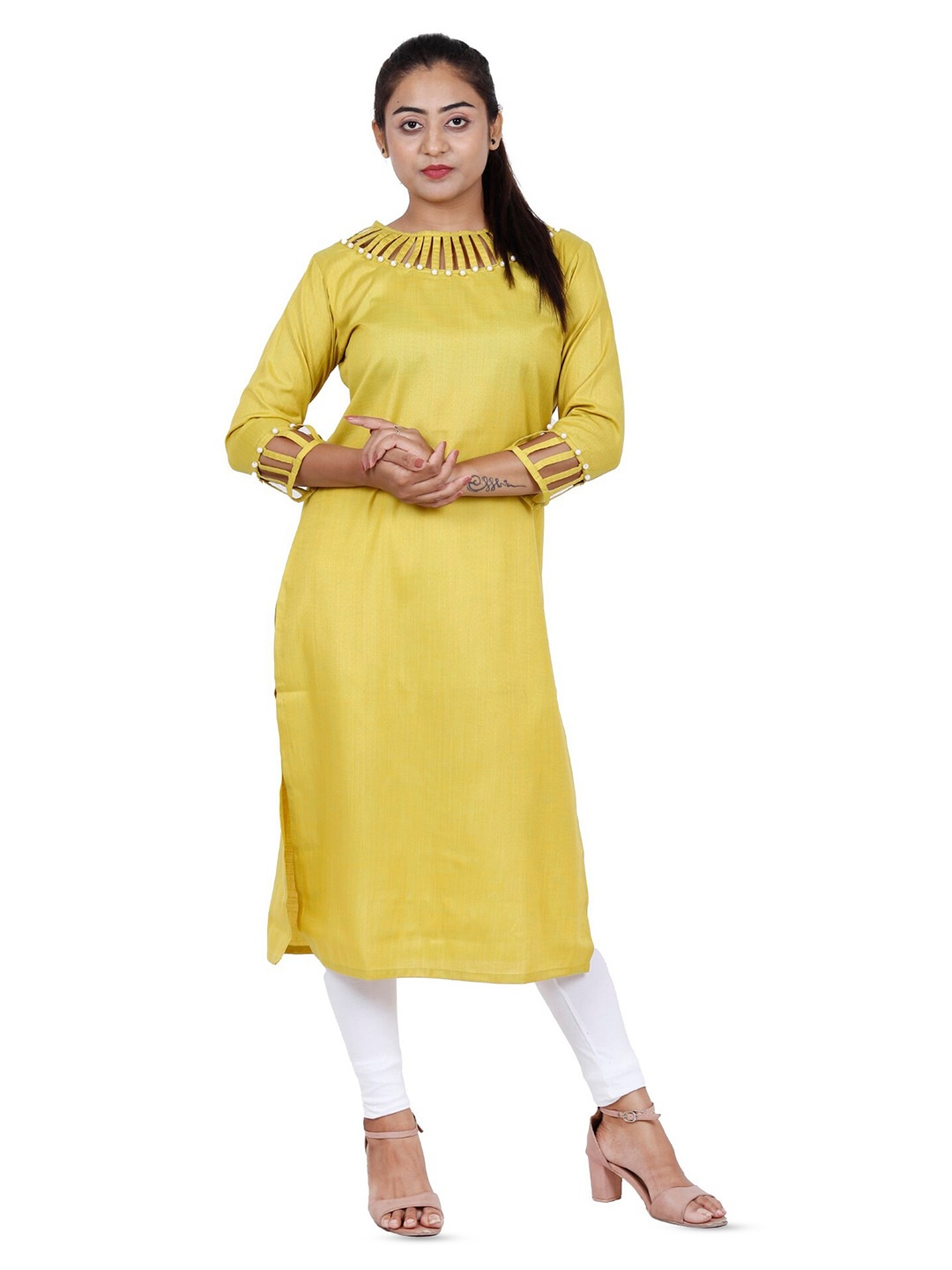 

NAVGYA Round Neck Beads & Stones Straight Silk Kurta, Yellow