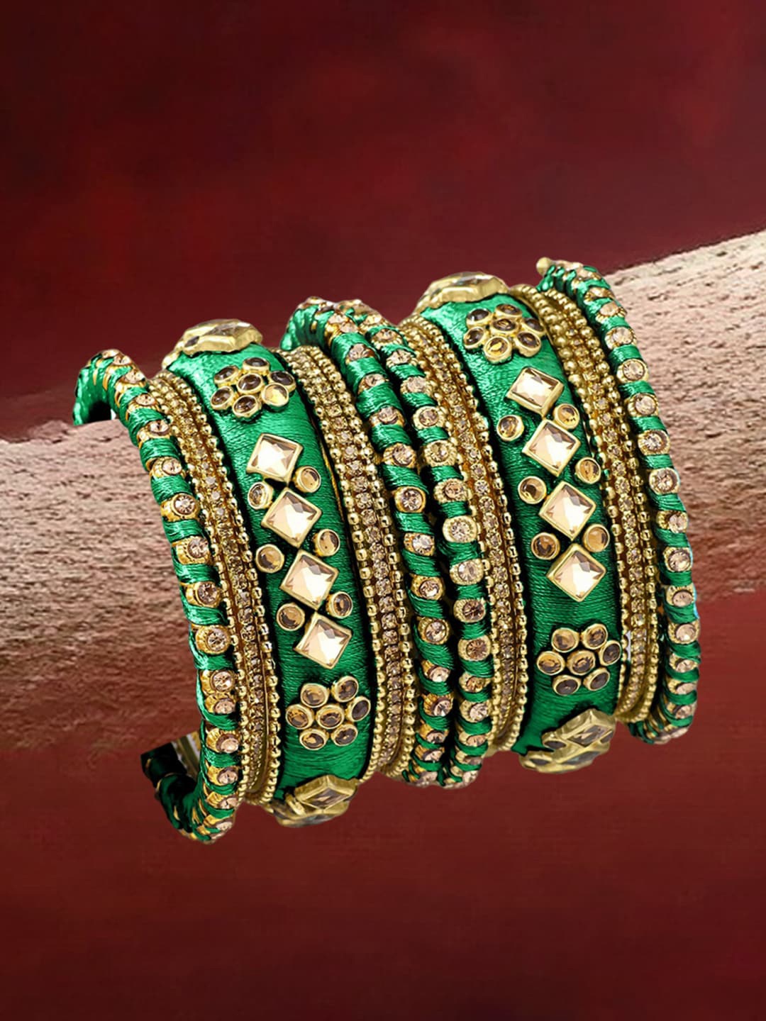

OOMPH Set of 18 Silk Thread Kundan Studded Bridal Chuda Bangle Set, Green