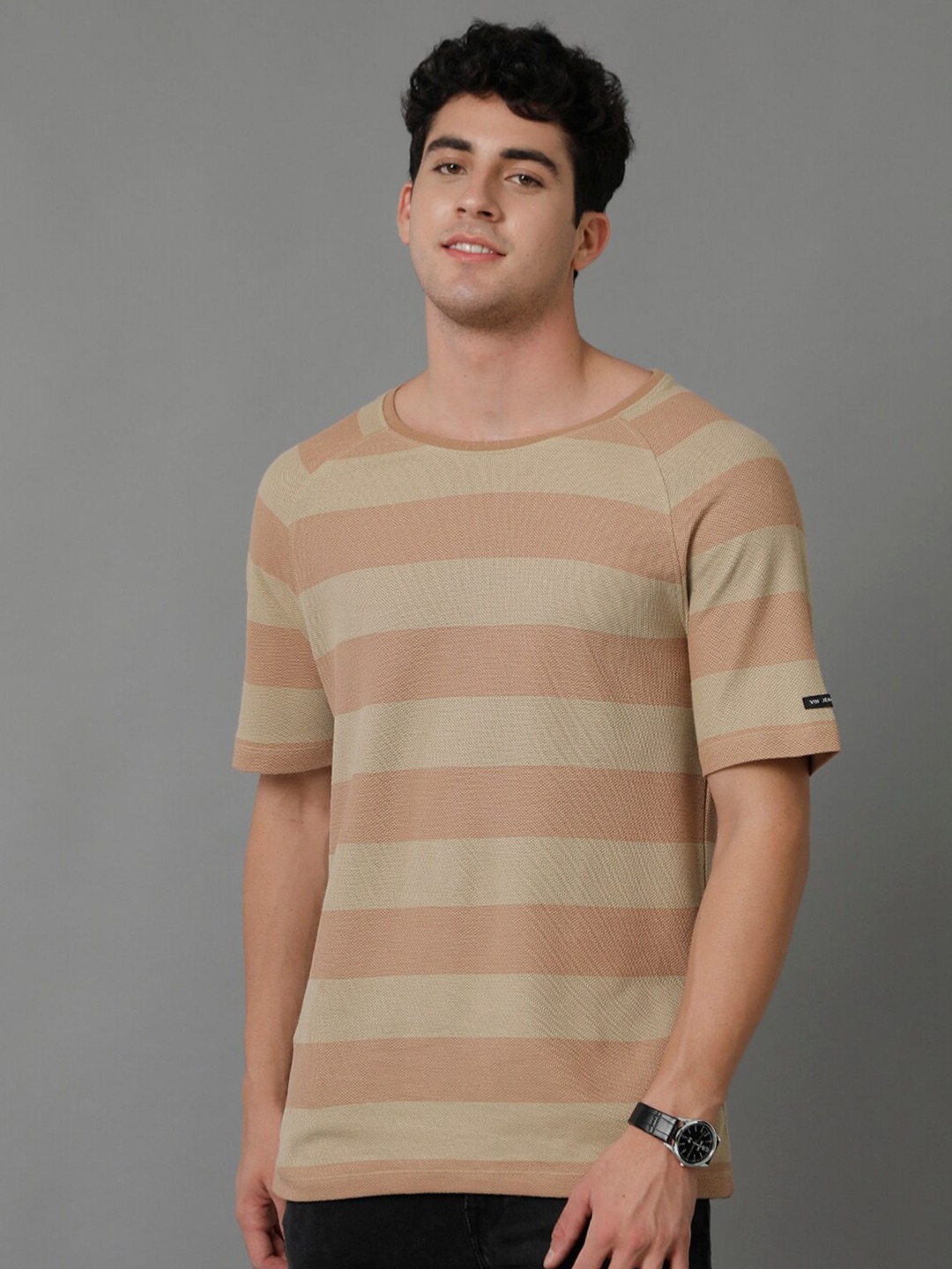 

Voi Jeans Men Brown Striped T-shirt
