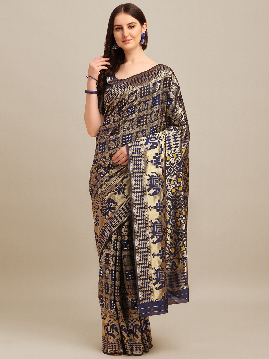 

MAHALASA Ethnic Motifs Woven Design Silk Cotton Banarasi Saree, Blue