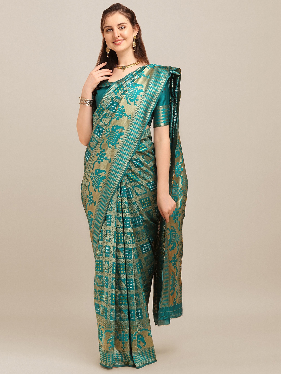 

MAHALASA Ethnic Motifs Woven Design Silk Cotton Saree, Turquoise blue
