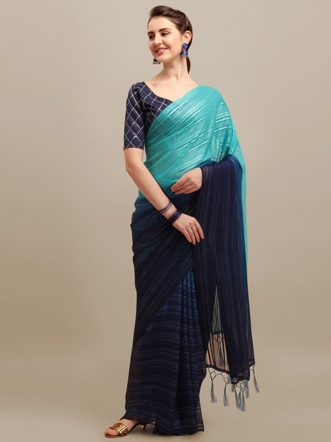 

MAHALASA Striped Saree, Navy blue