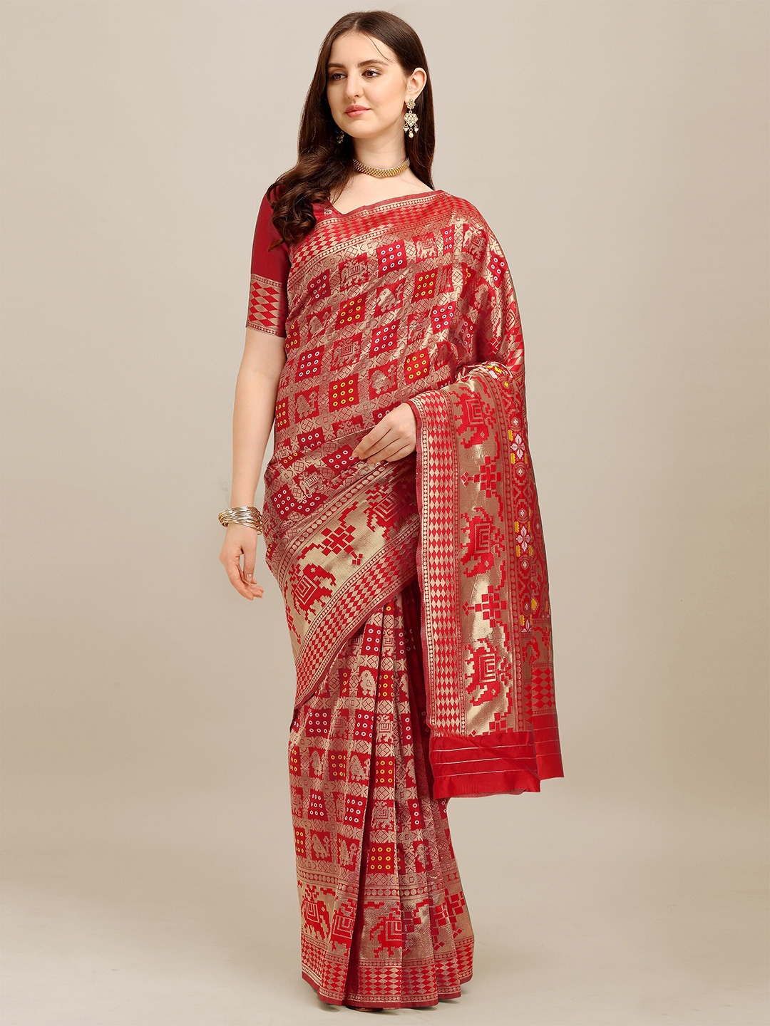 

MAHALASA Ethnic Motifs Woven Design Zari Silk Cotton Saree, Red