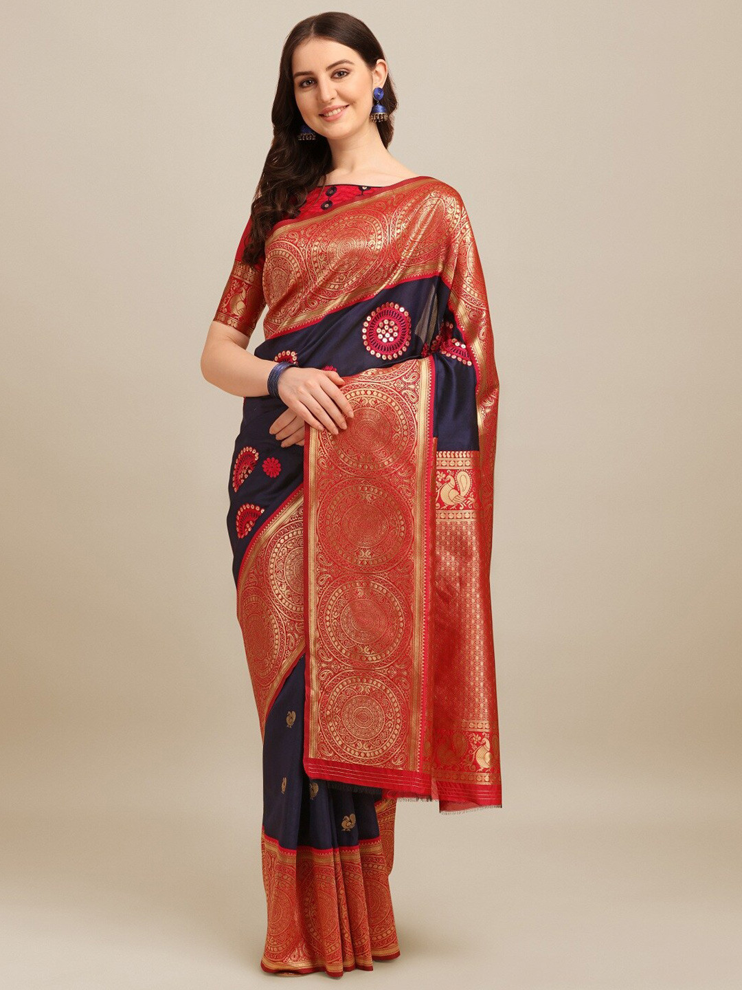 

MAHALASA Ethnic Motifs Embroidered Sequinned Silk Blend Saree, Navy blue