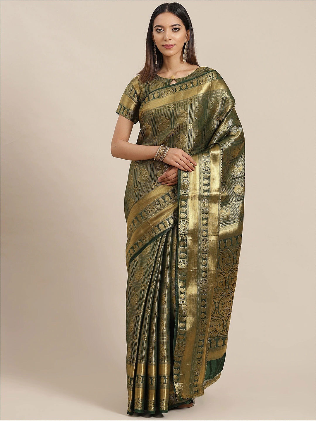 

MAHALASA Paisley Woven Design Zari Silk Cotton Saree, Green