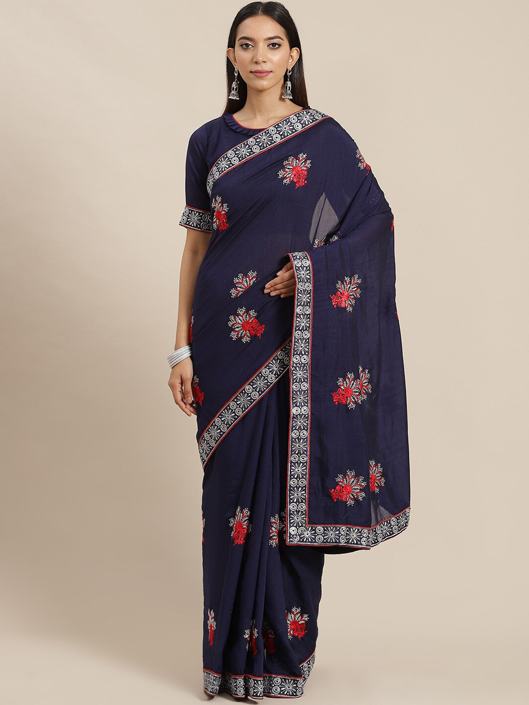 

MAHALASA Ethnic Motifs Embroidered Saree, Blue