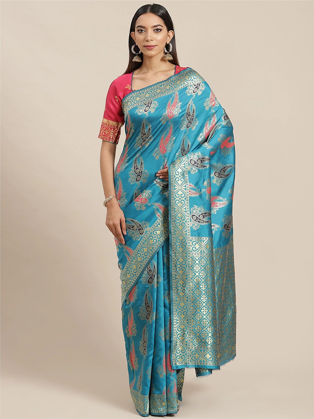 

MAHALASA Ethnic Motifs Woven Design Silk Cotton Banarasi Saree, Turquoise blue