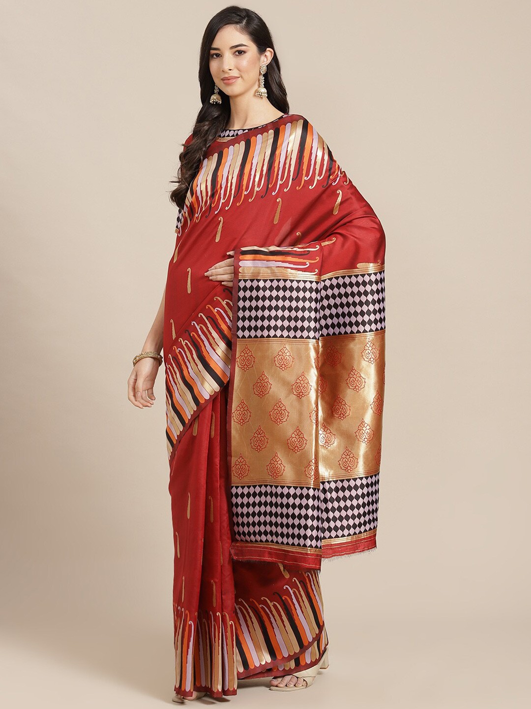 

MAHALASA Ethnic Motifs Woven Design Silk Blend Banarasi Saree, Red