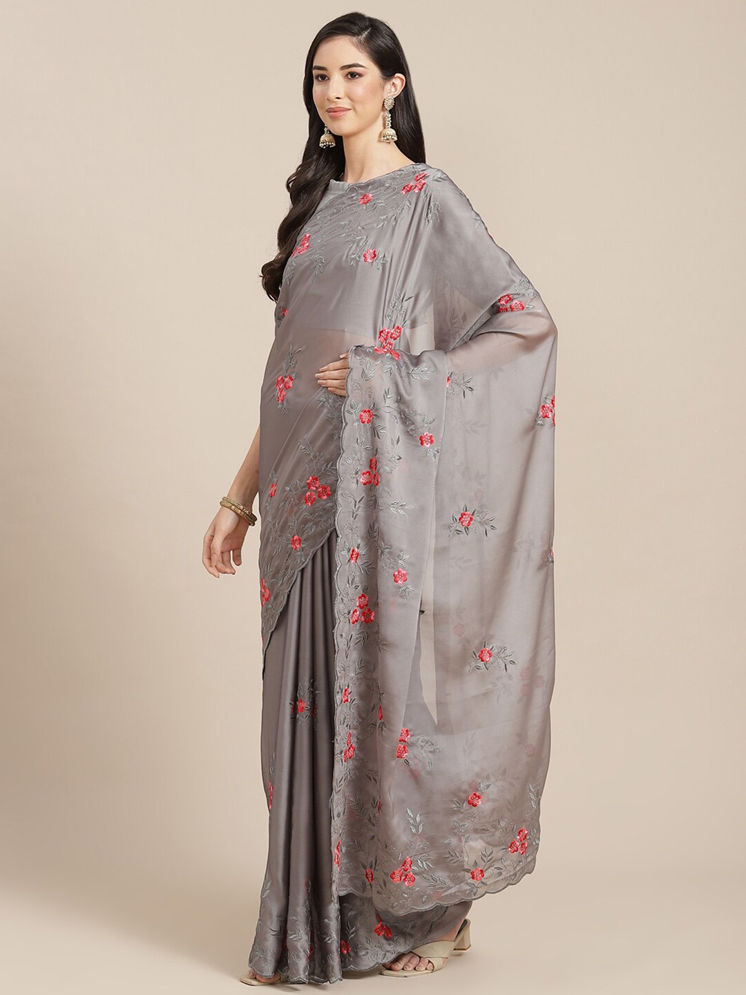 

MAHALASA Floral Embroidered Silk Blend Saree, Grey
