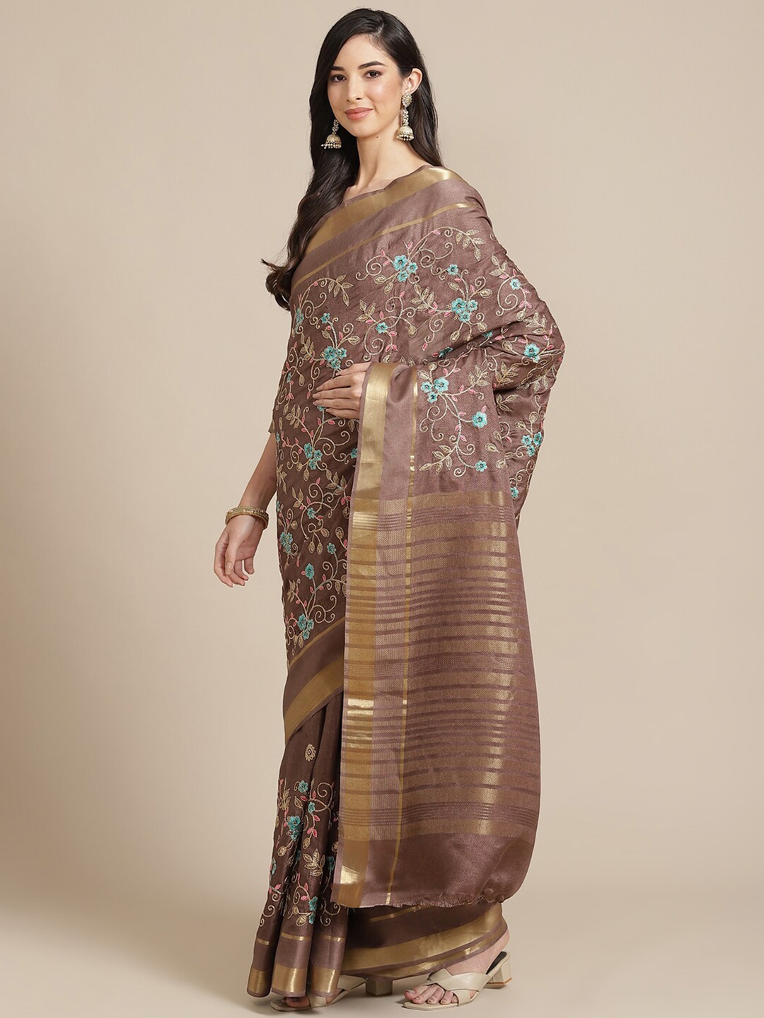 

MAHALASA Floral Embroidered Zari Pure Cotton Saree, Brown