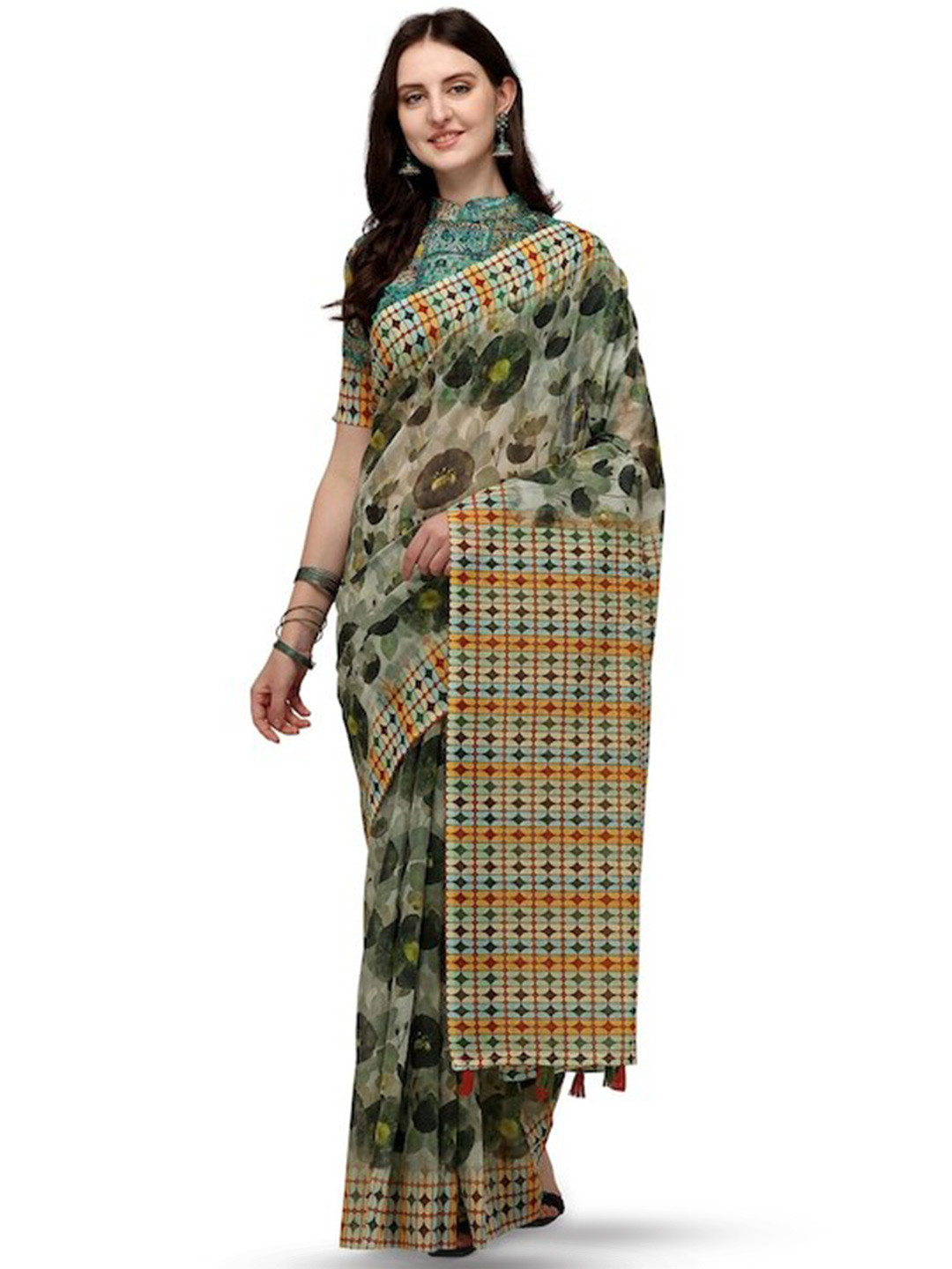 

MAHALASA Floral Printed Linen Blend Saree, White