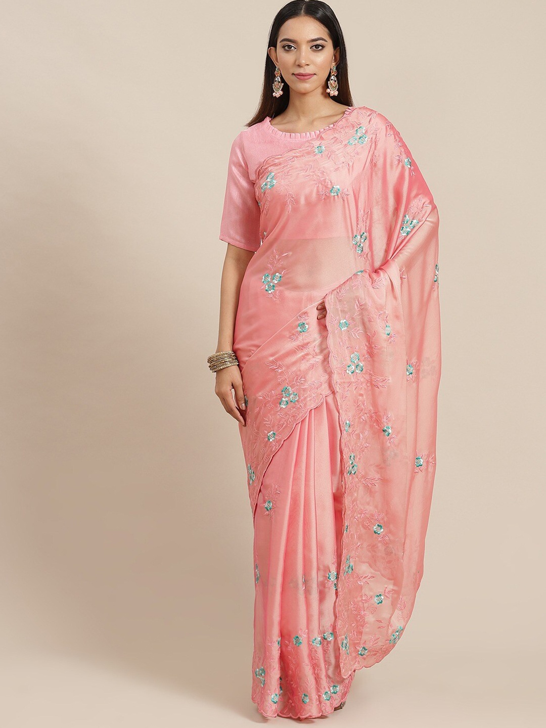 

MAHALASA Ethnic Motifs Embroidered Saree, Pink