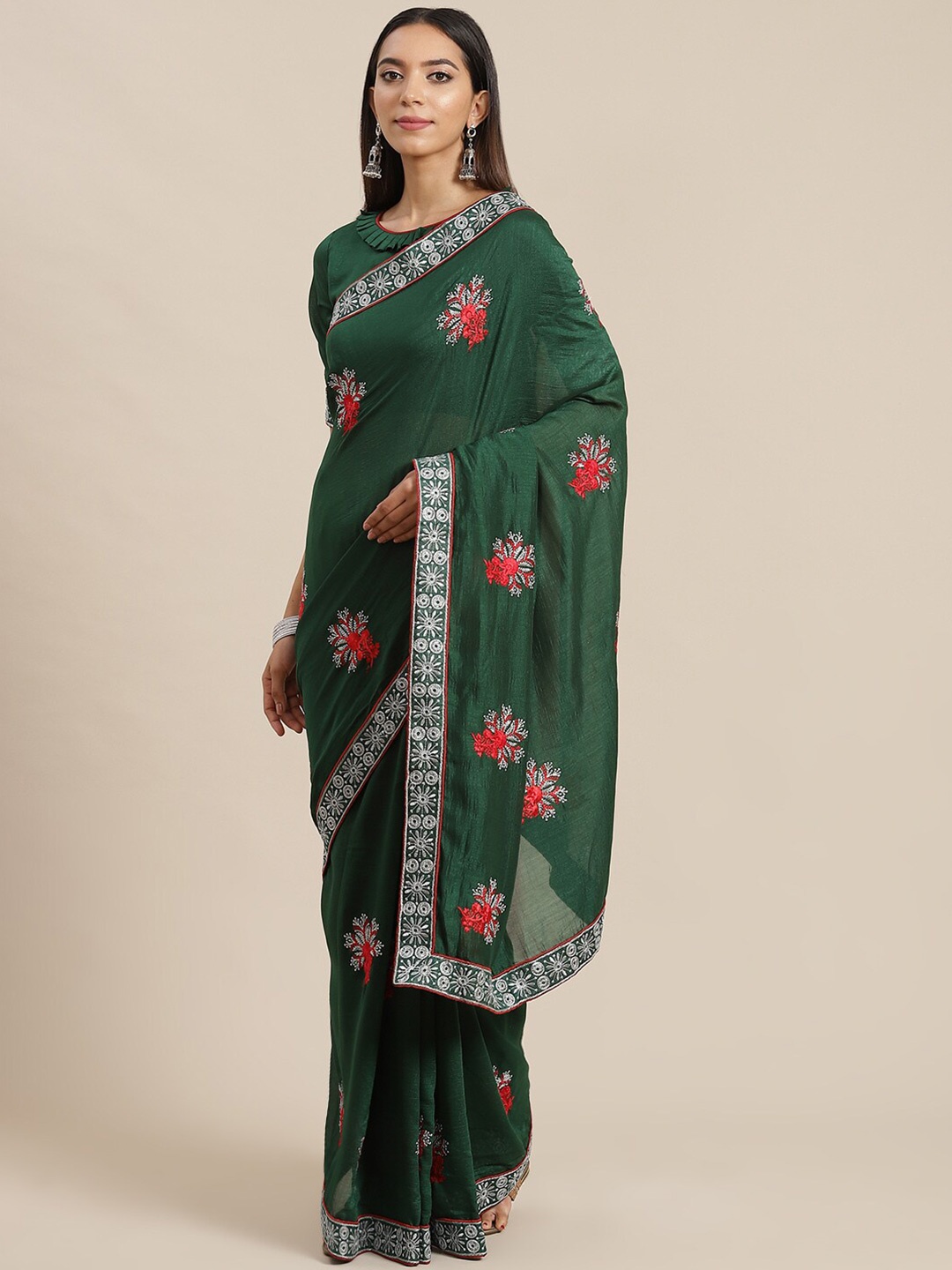 

MAHALASA Floral Embroidered Silk Blend Saree, Green
