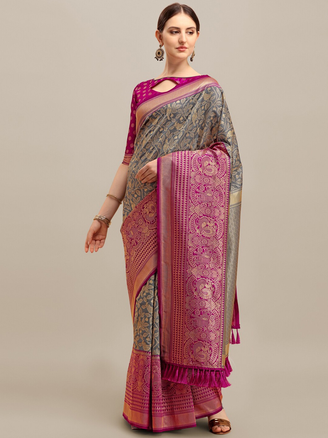 

MAHALASA Floral Woven Design Zari Saree, Grey