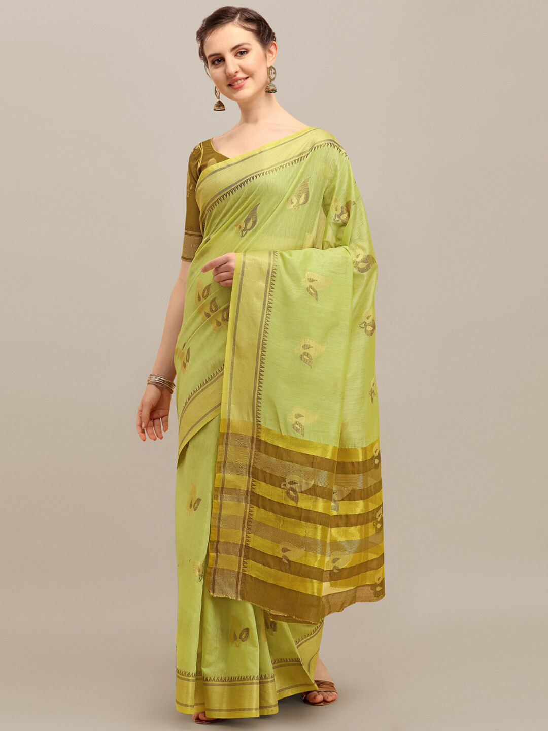 

MAHALASA Ethnic Motifs Woven Design Linen Blend Saree, Green