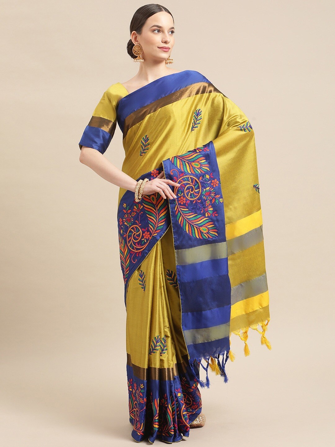 

MAHALASA Ethnic Motifs Embroidered Silk Cotton Saree, Yellow