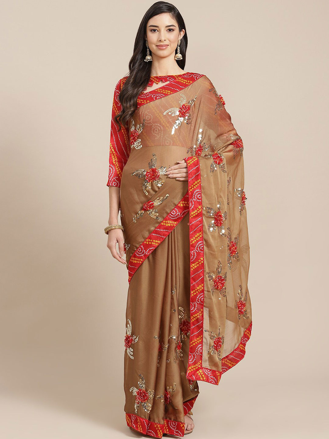 

MAHALASA Floral Embroidered Sequinned Pure Chiffon Saree, Beige