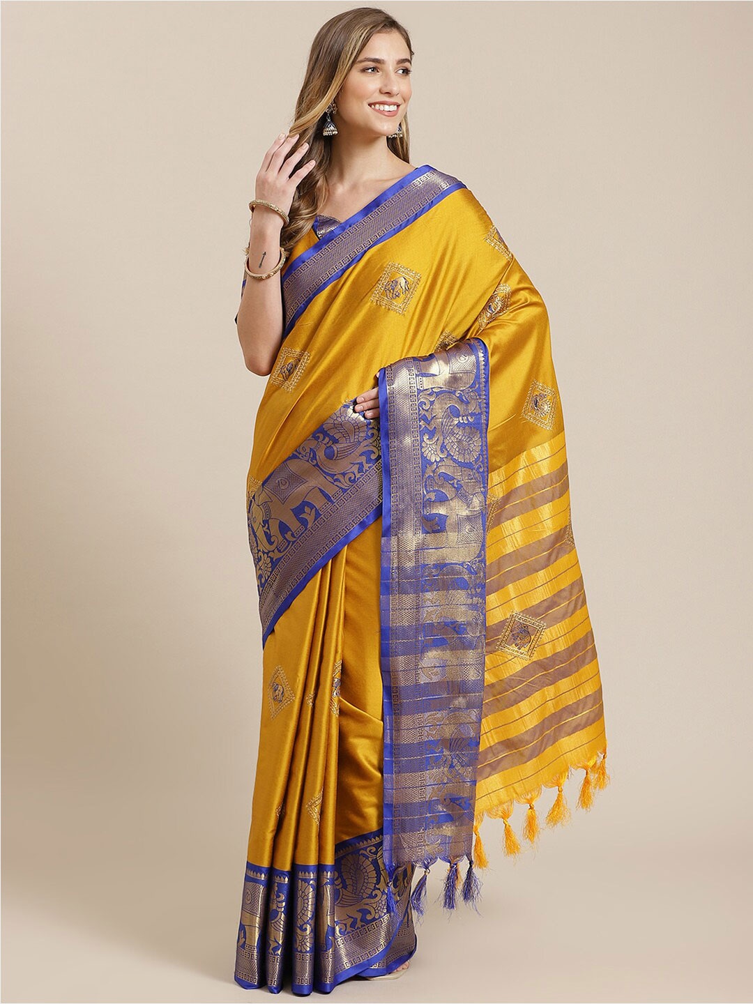 

MAHALASA Ethnic Motifs Embroidered Zari Saree, Yellow