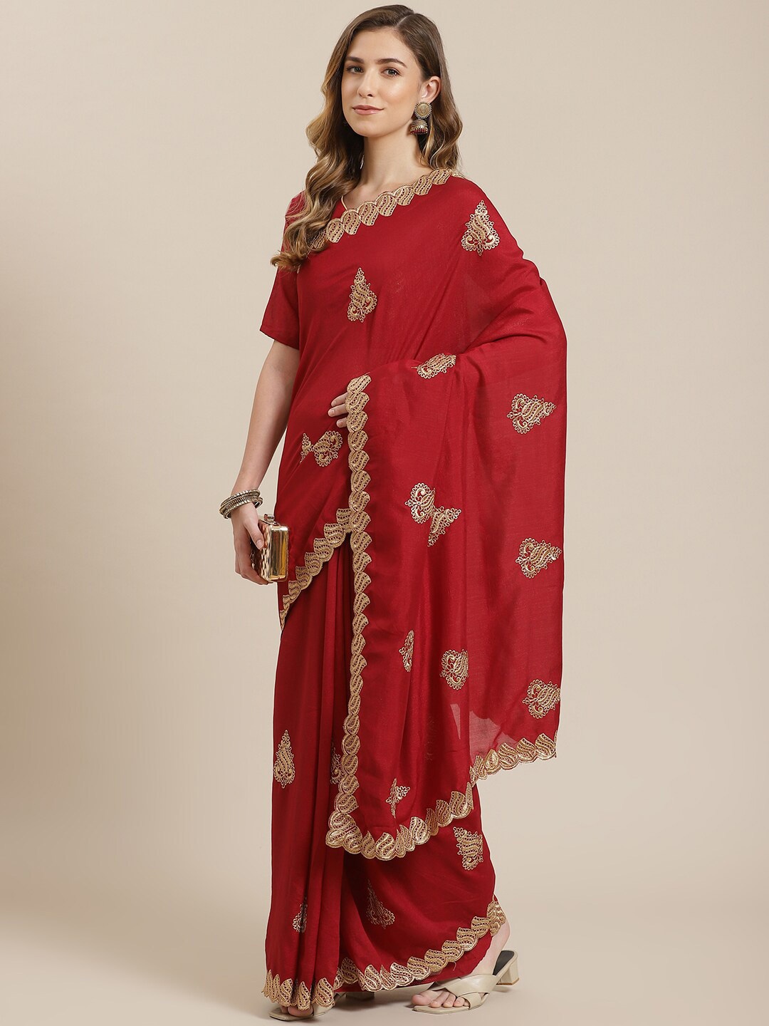 

MAHALASA Ethnic Motifs Embroidered Silk Blend Saree, Maroon