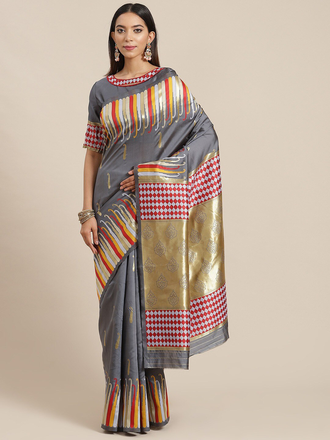 

MAHALASA Ethnic Motifs Woven Design Zari Banarasi Saree, Grey
