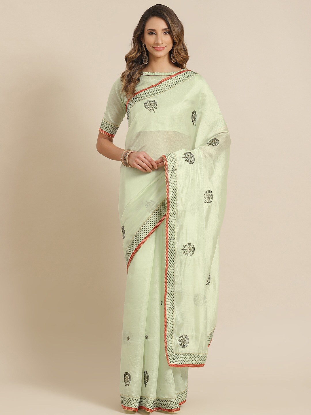 

MAHALASA Ethnic Motifs Embroidered Organza Saree, Green