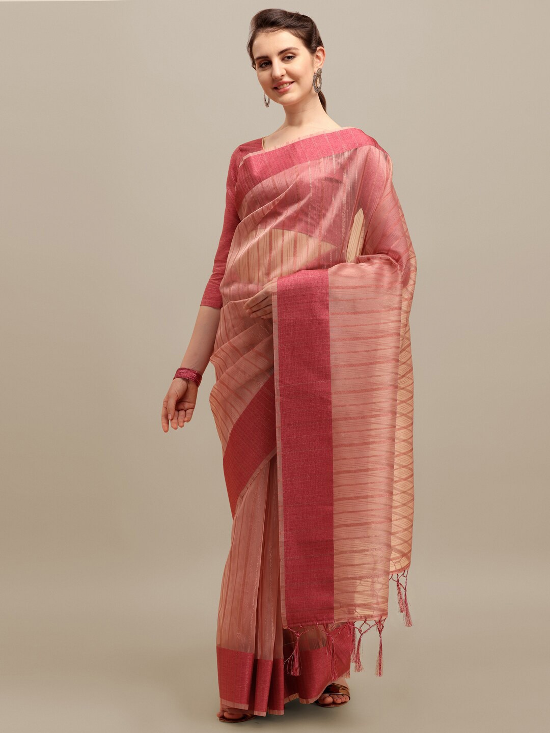 

MAHALASA Striped Woven Design Organza Saree, Pink