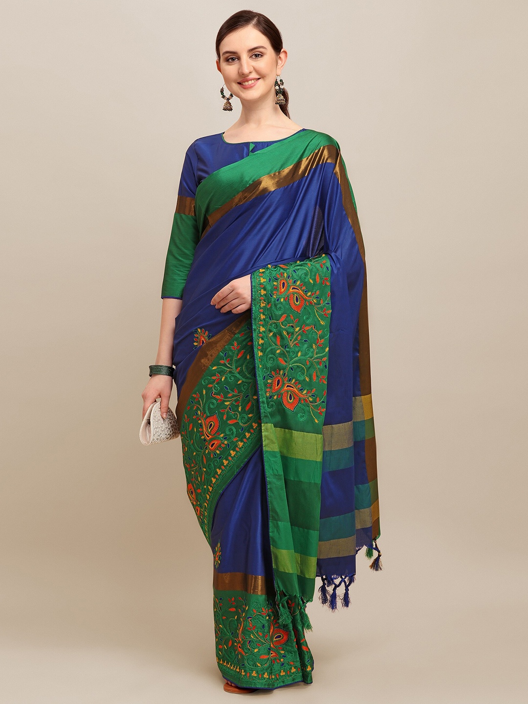 

MAHALASA Ethnic motifs Embroidered Silk Cotton Saree, Blue