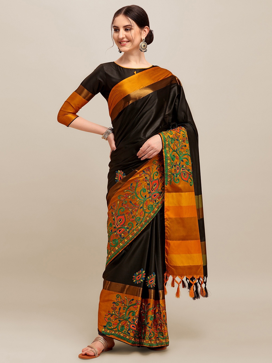 

MAHALASA Ethnic Motifs Embroidered Silk Cotton Saree, Black