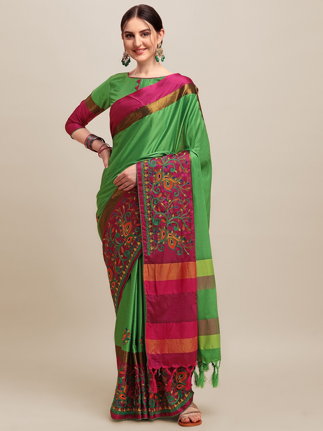 

MAHALASA Ethnic Motifs Woven Design Silk Cotton Saree, Green