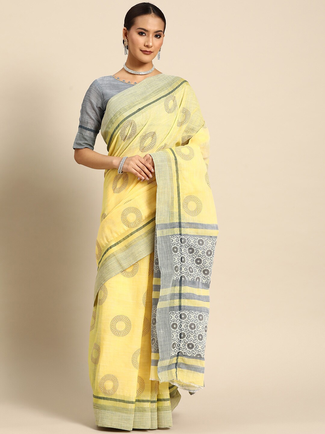 

MAHALASA Ethnic Motifs Printed Pure Linen Saree, Yellow