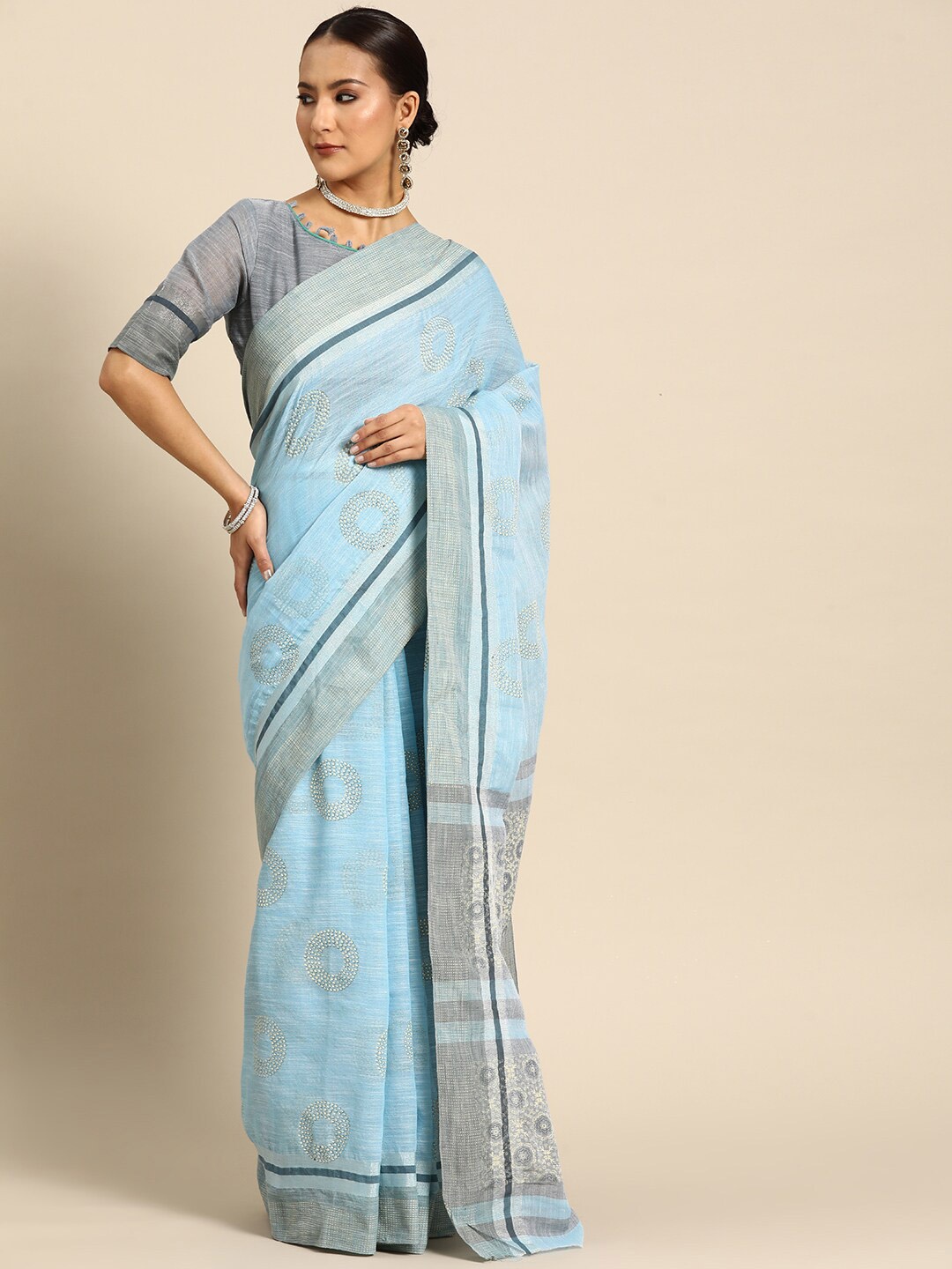 

MAHALASA Geometric Printed Pure Linen Saree, Turquoise blue
