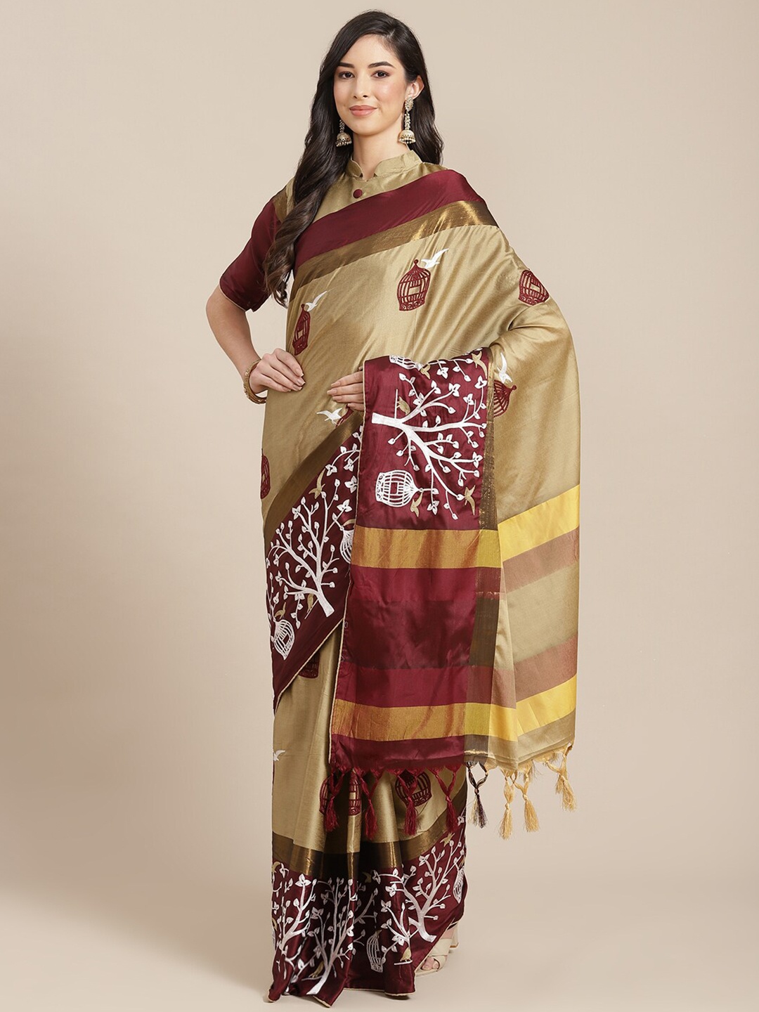 

MAHALASA Ethnic Motifs Embroidered Silk Cotton Saree, Cream