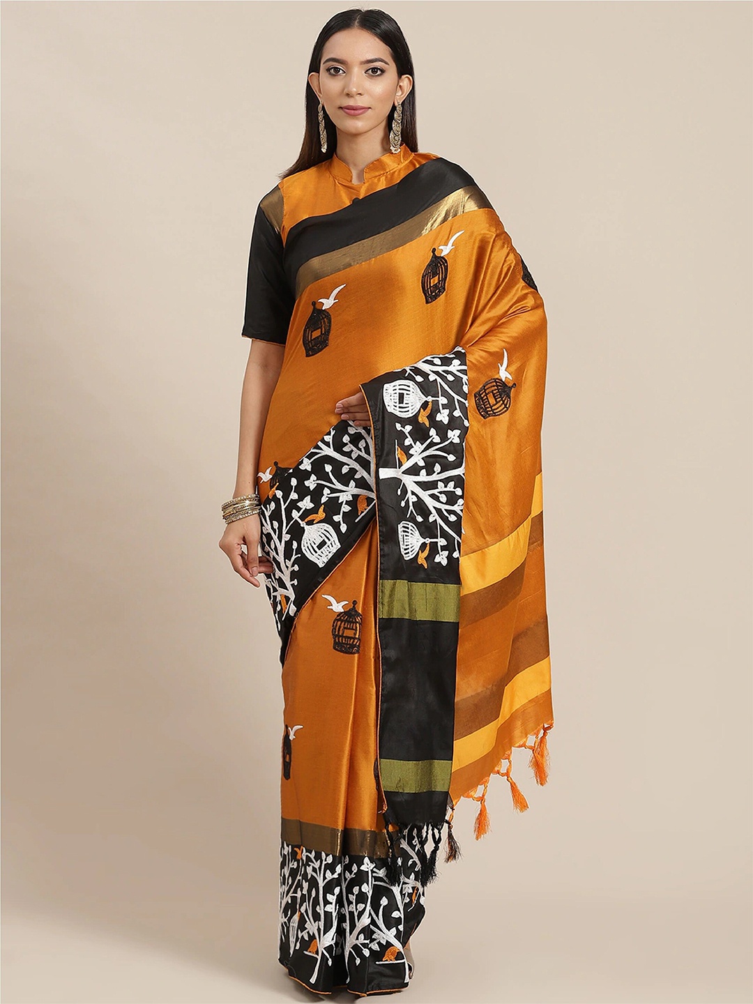 

MAHALASA Ethnic Motifs Embroidered Silk Cotton Saree, Yellow