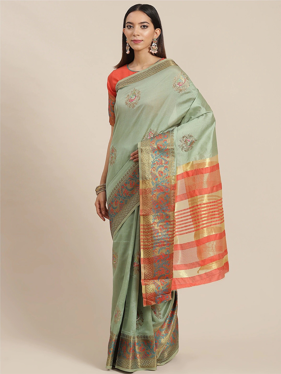 

MAHALASA Ethnic Motifs Embroidered Silk Zari Cotton Saree, Green