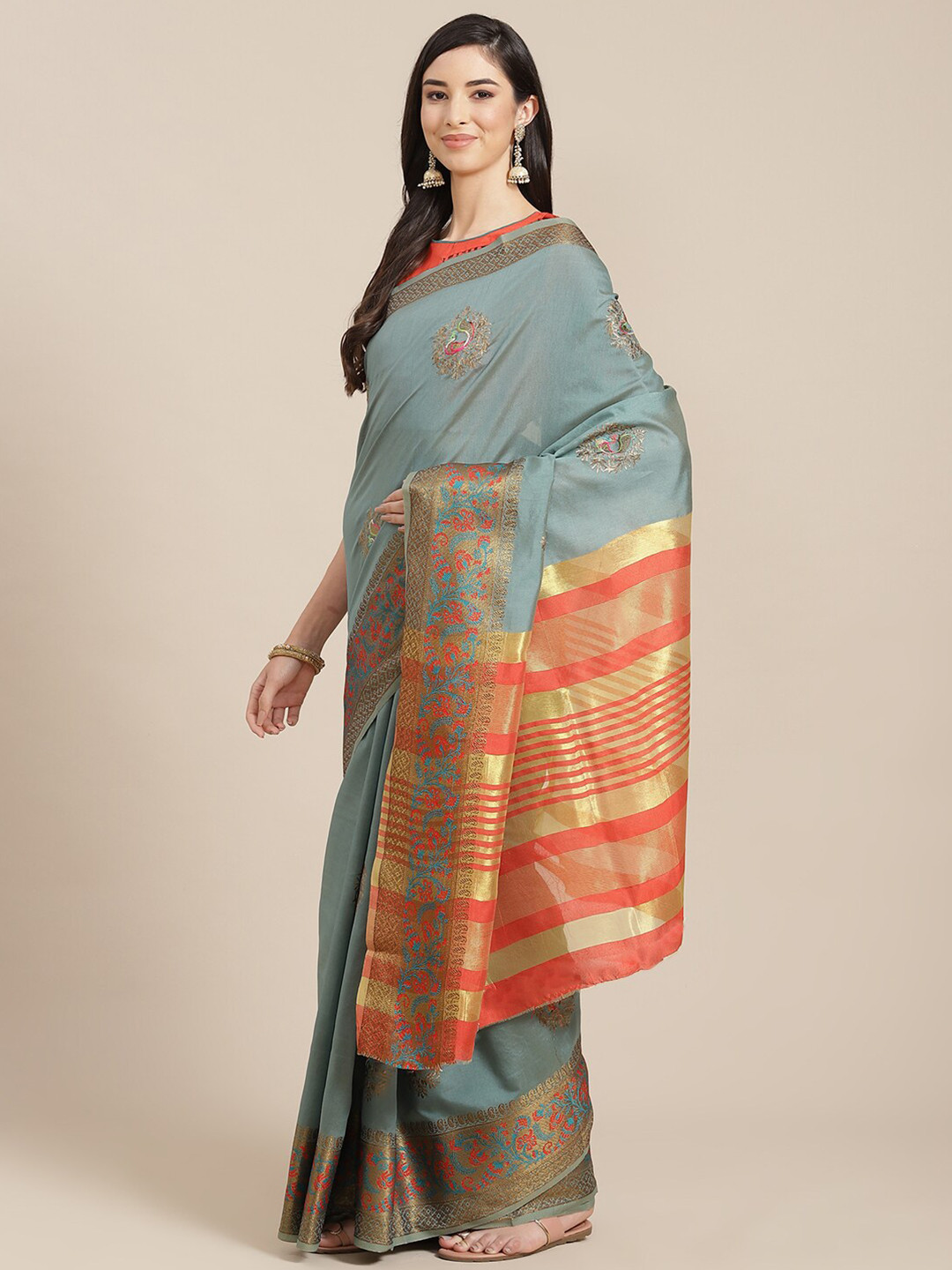 

MAHALASA Ethnic Motifs Embroidered Silk Cotton Saree, Turquoise blue