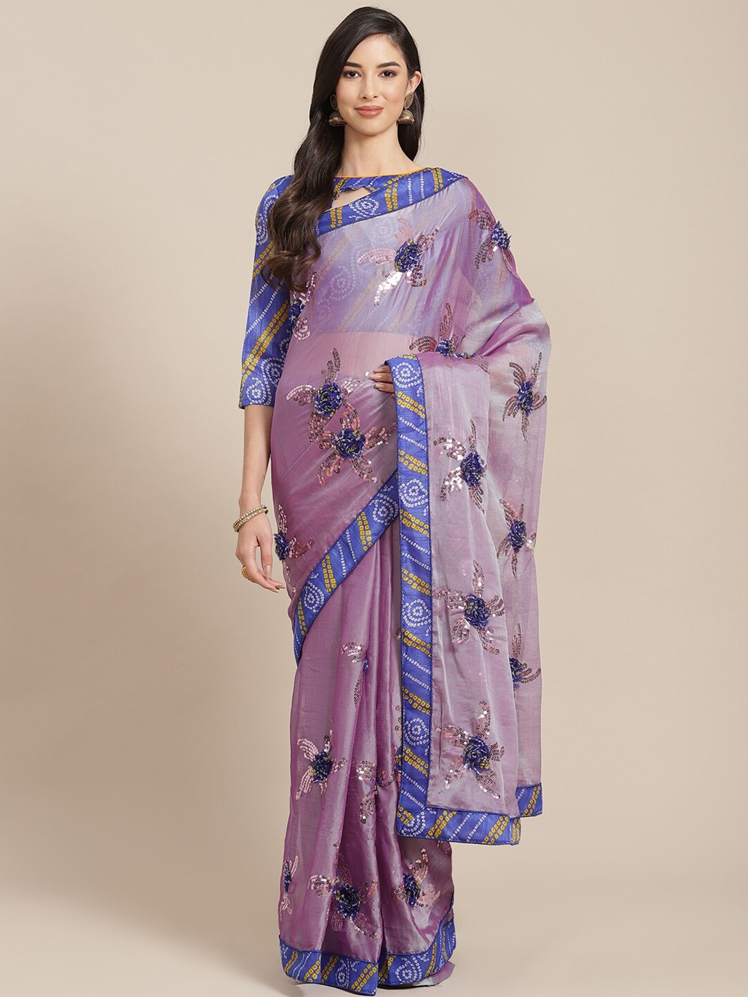 

MAHALASA Floral Embellished Sequinned Pure Chiffon Saree, Blue