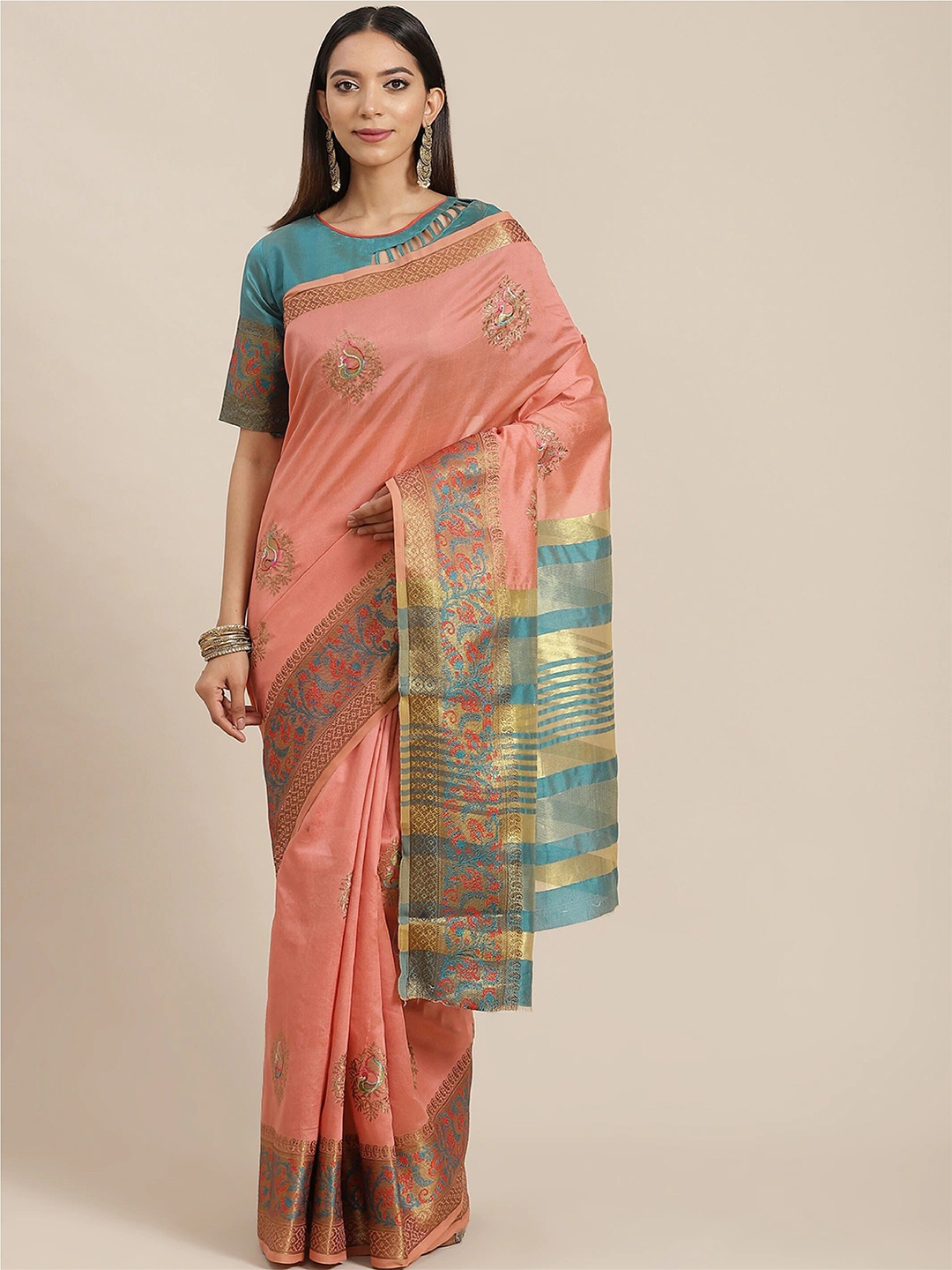 

MAHALASA Ethnic Motifs Embroidered Zari Saree, Peach