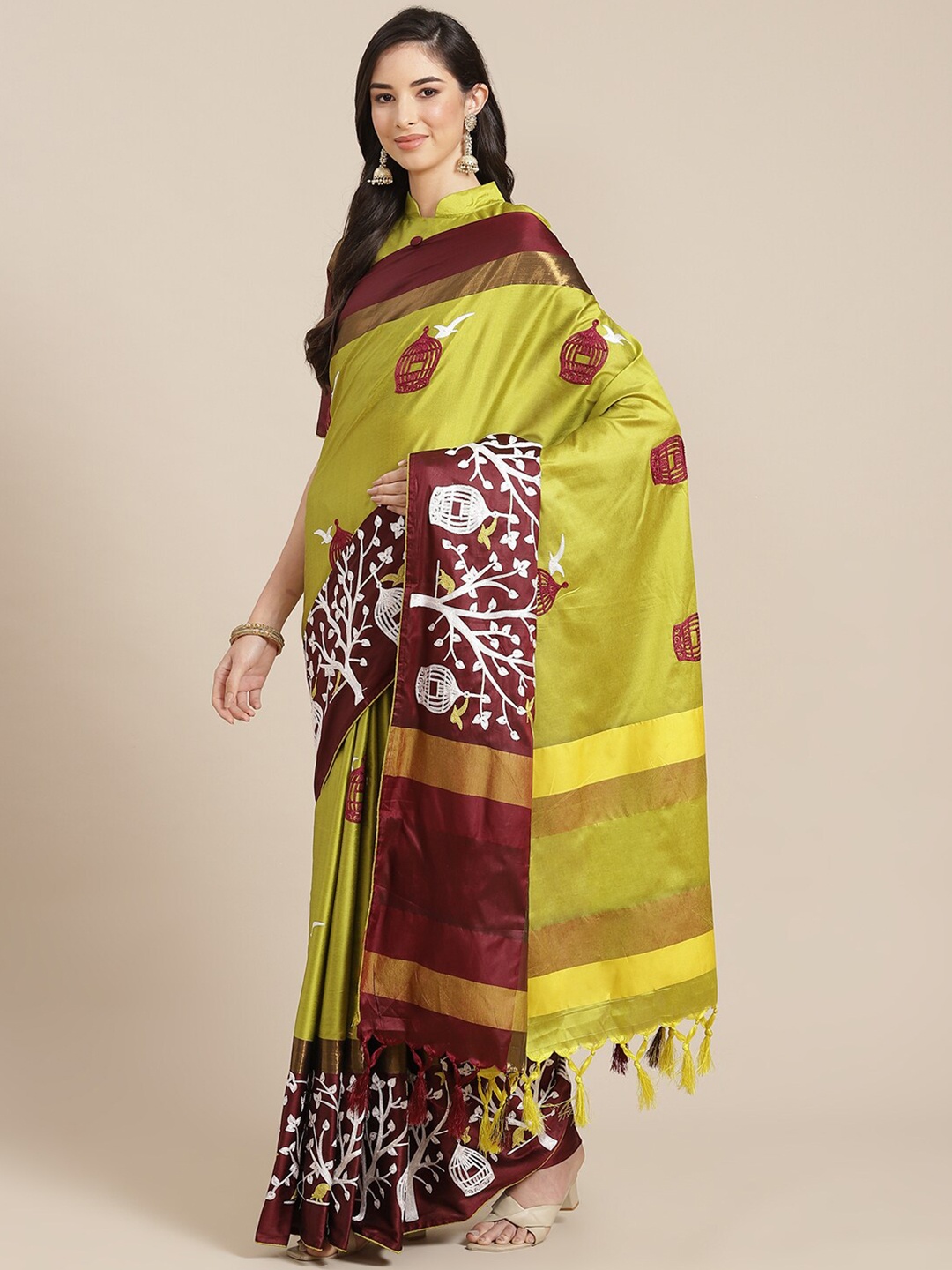 

MAHALASA Ethnic Motifs Embroidered Silk Cotton Saree, Green