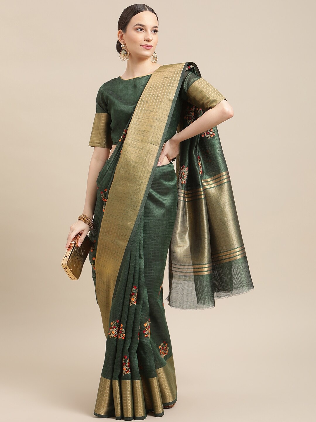 

MAHALASA Ethnic Motifs Embroidered Zari Detailed Pure Cotton Saree, Green