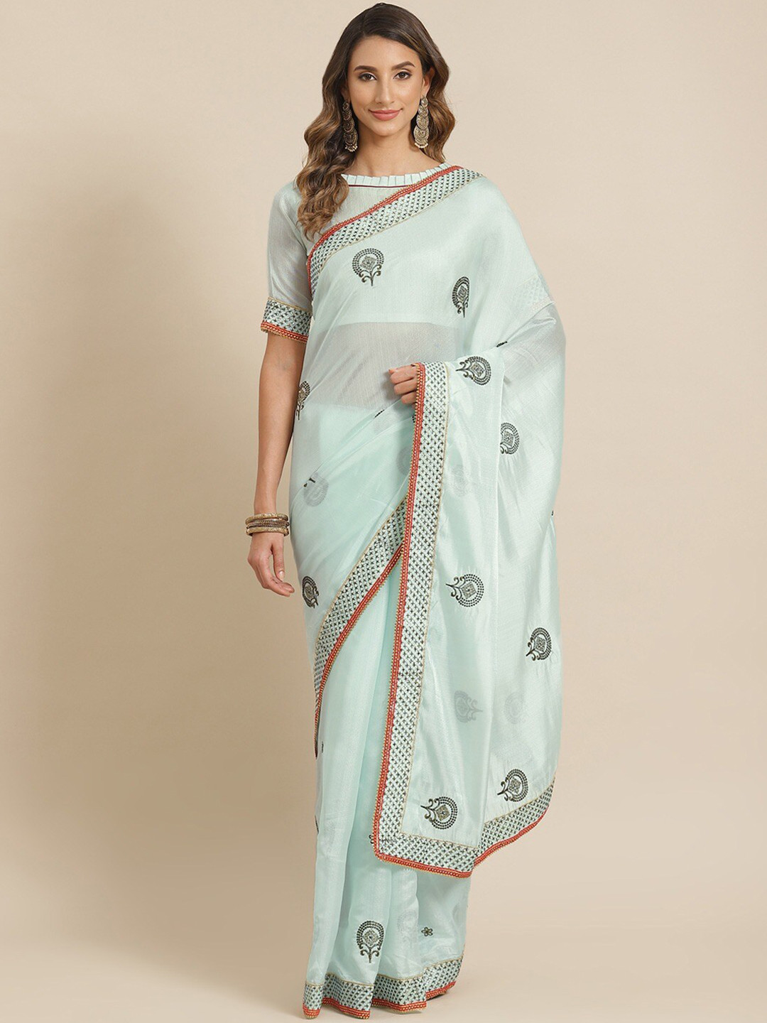 

MAHALASA Ethnic Motifs Embroidered Organza Saree, Turquoise blue