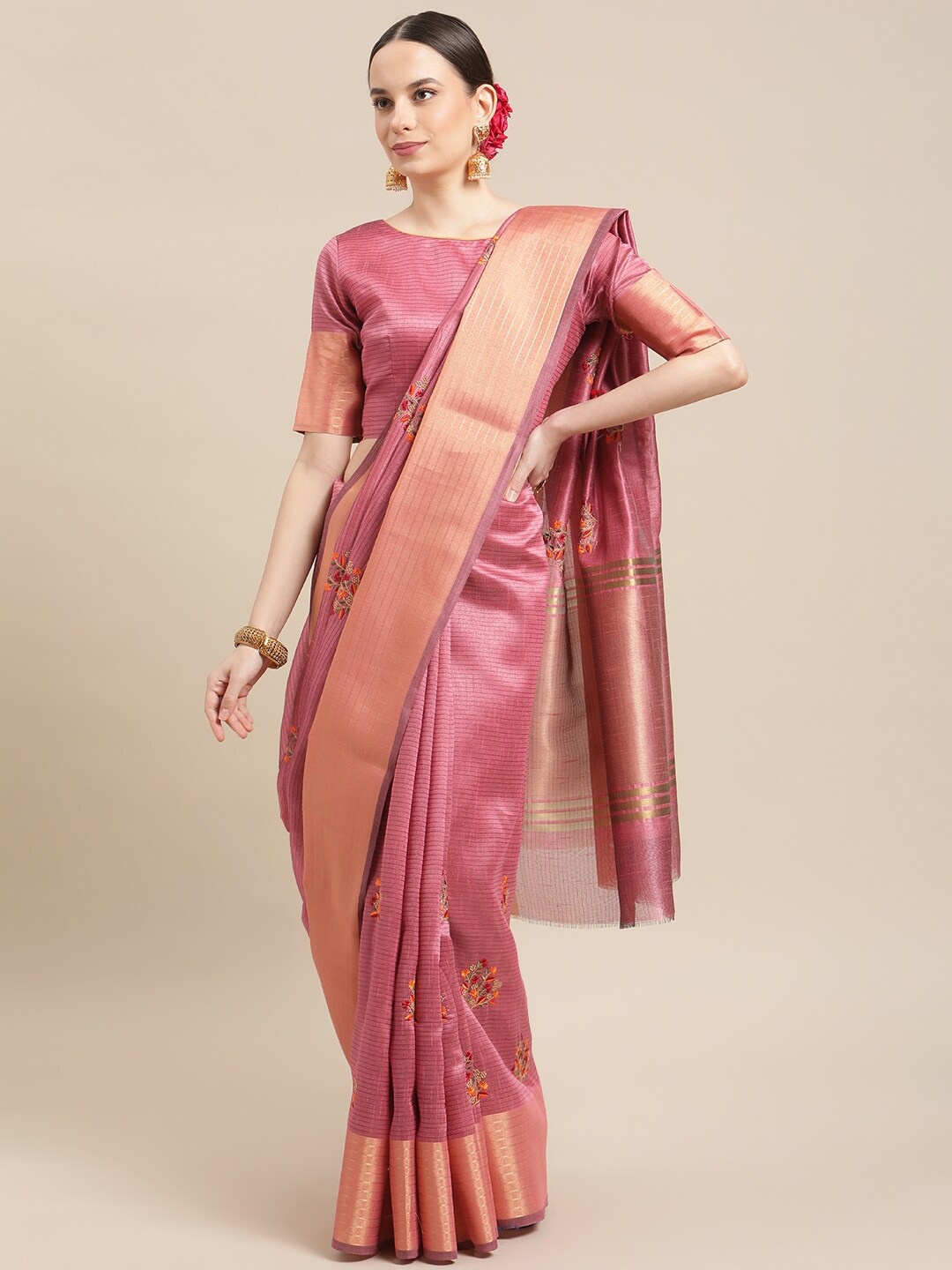 

MAHALASA Floral Embroidered Zari Pure Cotton Saree, Pink