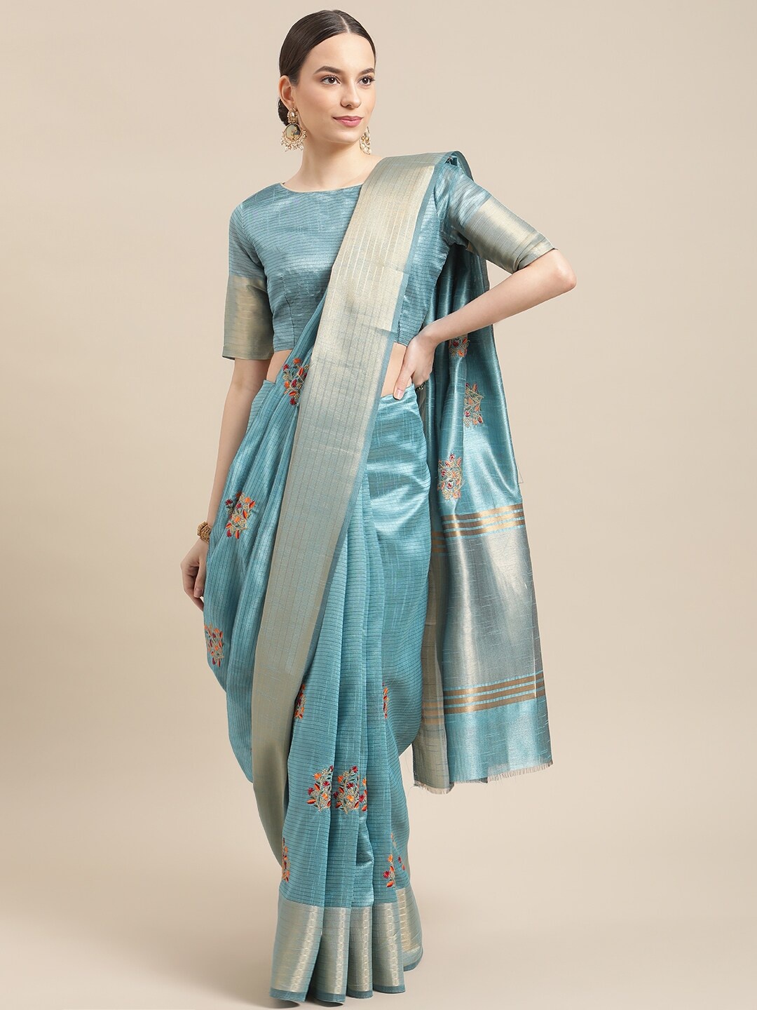 

MAHALASA Floral Embroidered Pure Cotton Saree, Turquoise blue
