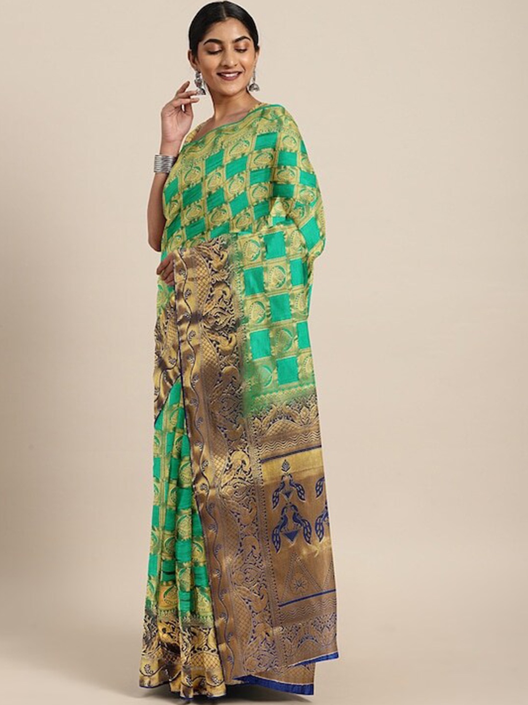 

MAHALASA Ethnic Motifs Woven Design Zari Saree, Green