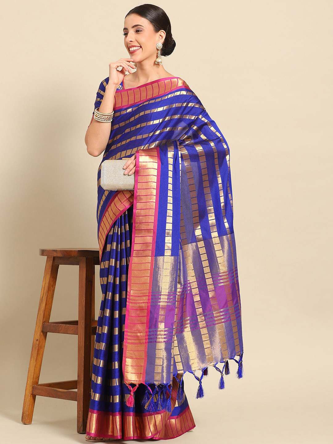 

MAHALASA Geometric Woven Design Zari Saree, Blue