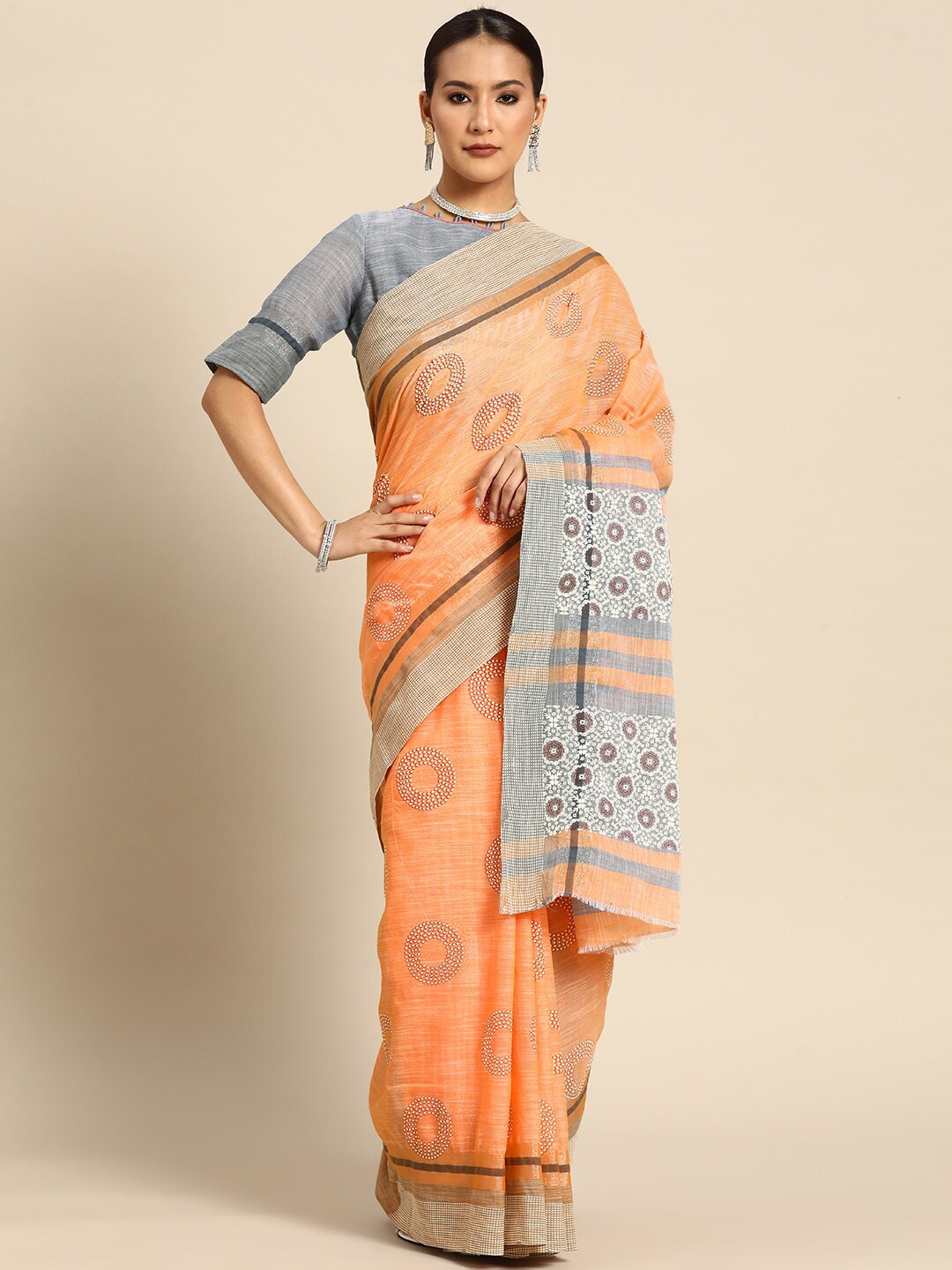 

MAHALASA Ethnic Motifs Woven Design Pure Linen Saree, Peach