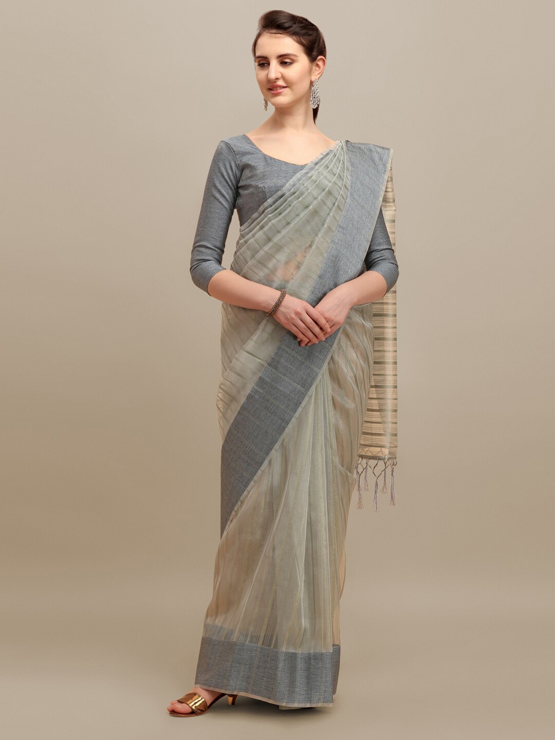 

MAHALASA Striped Woven Design Organza Saree, Grey