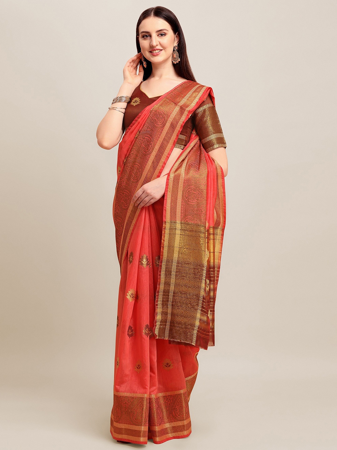 

MAHALASA Ethnic Motifs Woven Design Linen Blend Saree, Pink