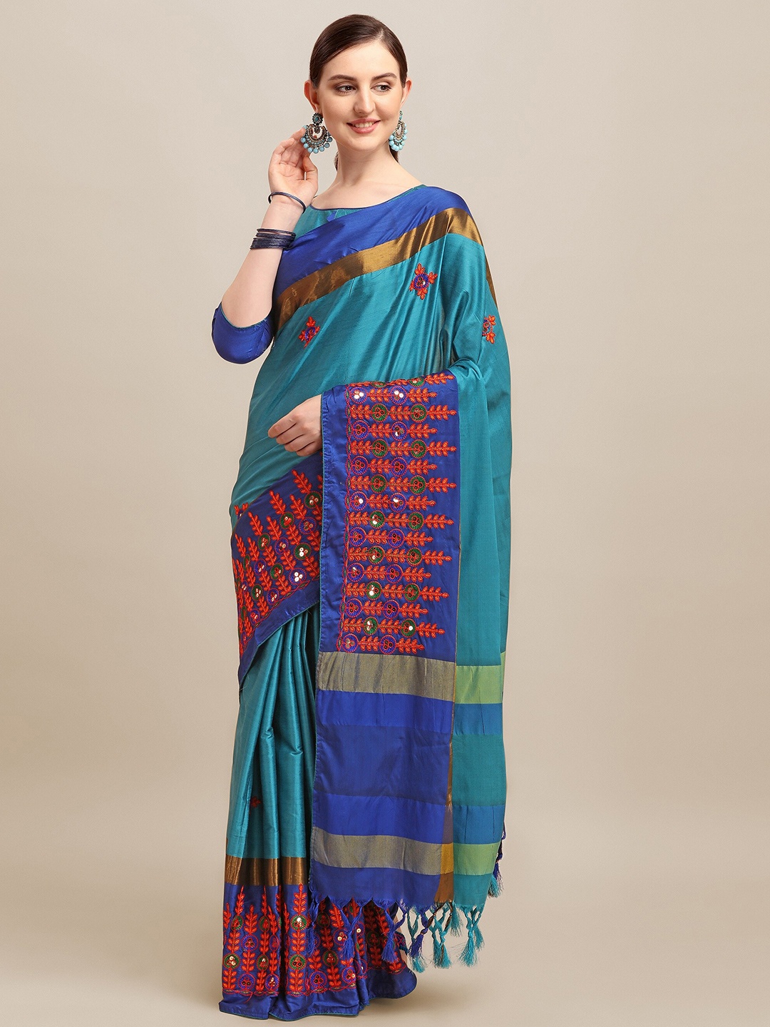 

MAHALASA Floral Embroidered Mirror Work Silk Cotton Saree, Blue