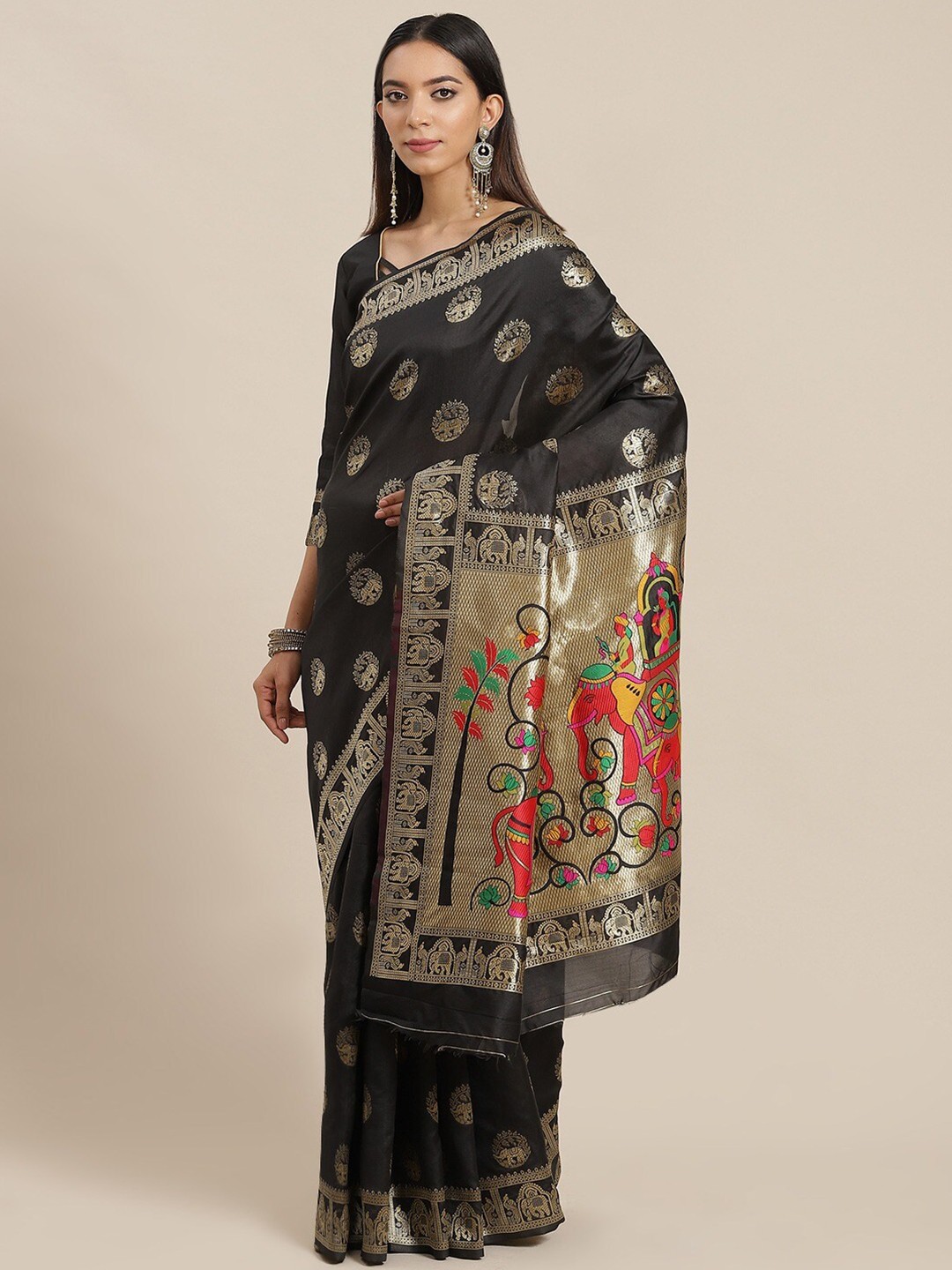 

MAHALASA Ethnic Motifs Woven Design Silk Blend Banarasi Saree, Black