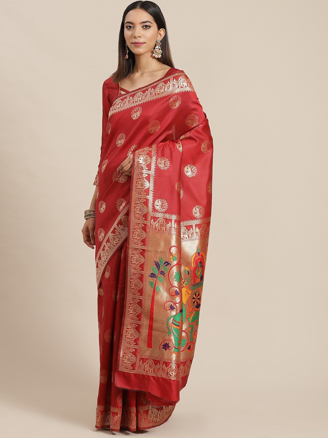 

MAHALASA Ethnic Motifs Woven Design Zari Banarasi Saree, Red